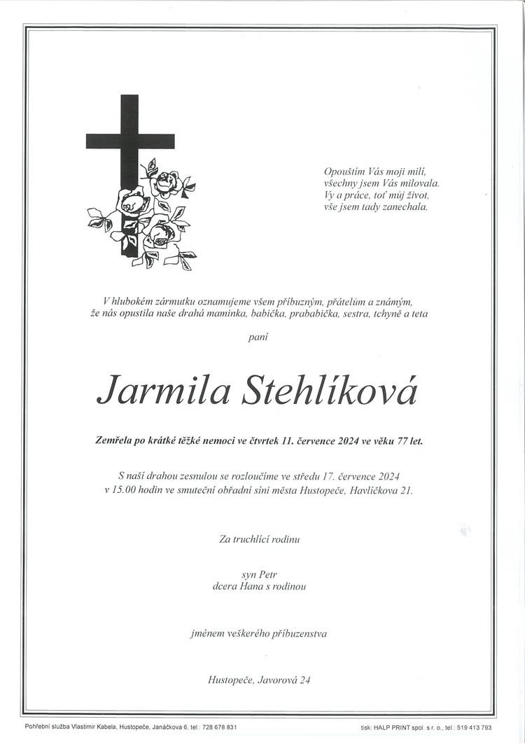 Stehlíková Jarmila +11.7.2024